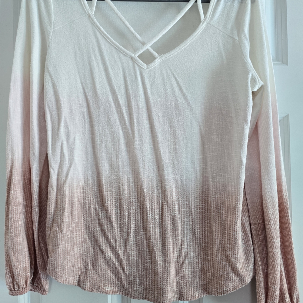 Maurices Cream and White Asymmetrical Long Sleeve Blouse
